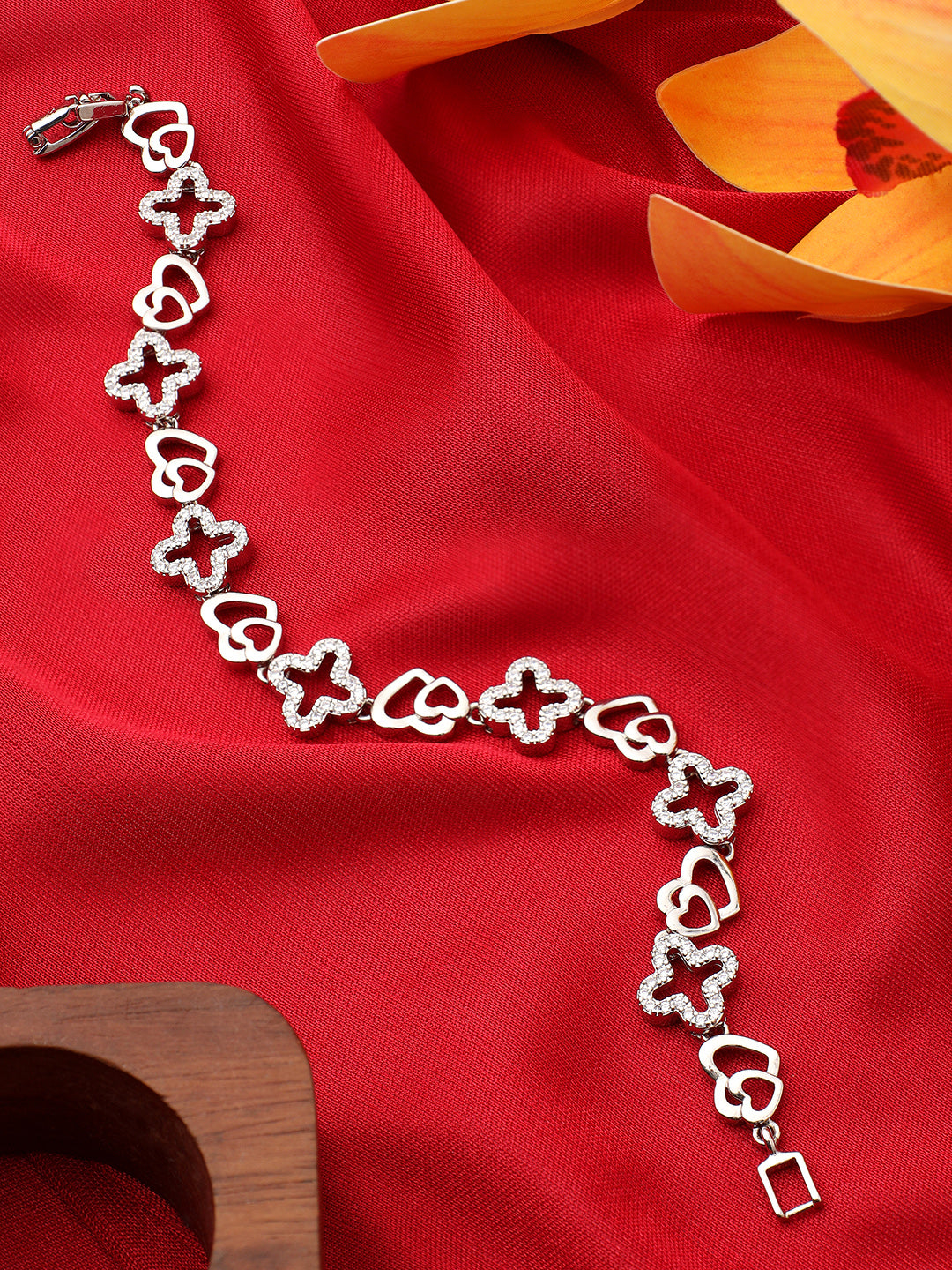 Cross Heart Linked Chain Patterned Platinum Plated Bracelet