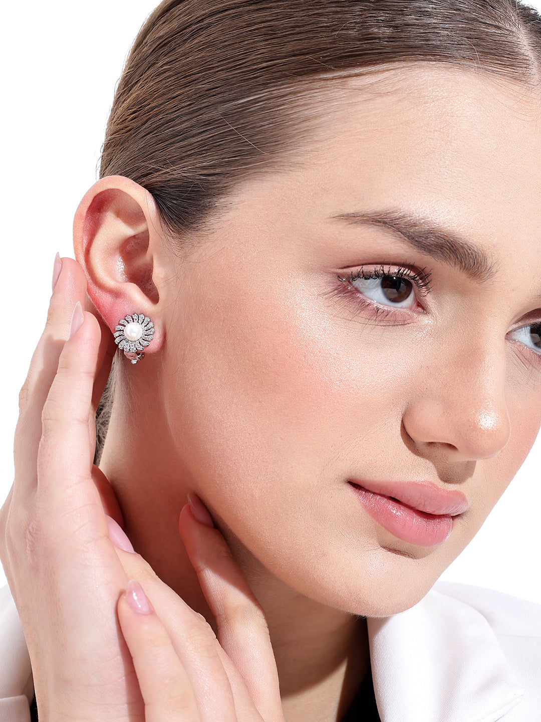 Round Pearl Platinum Plated Earrings