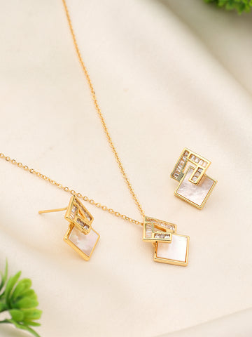 Square Overlay White Stone Gold Plated Necklace