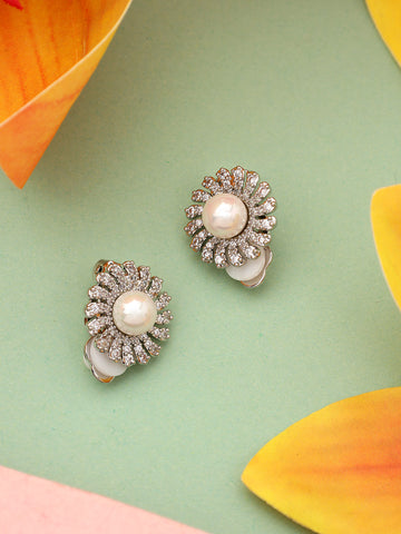 Round Pearl Platinum Plated Earrings