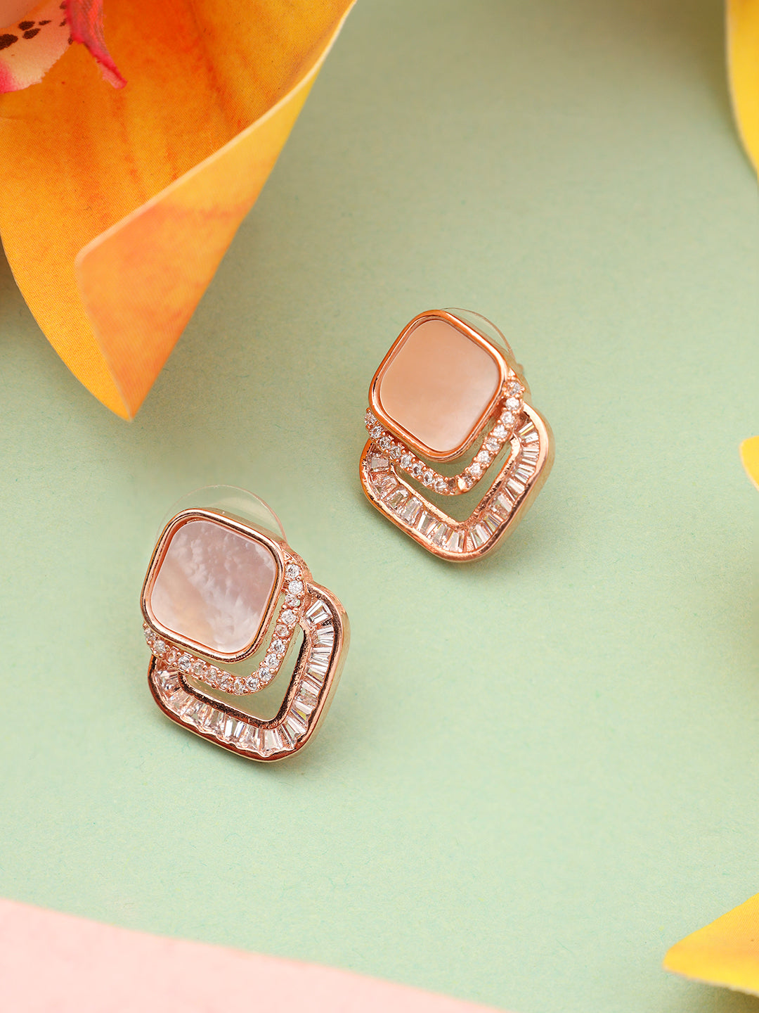 Square Stone Rose Gold Plated Earrings