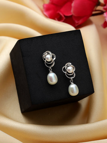 Sterling Silver Oval Hanging Pearl Earring