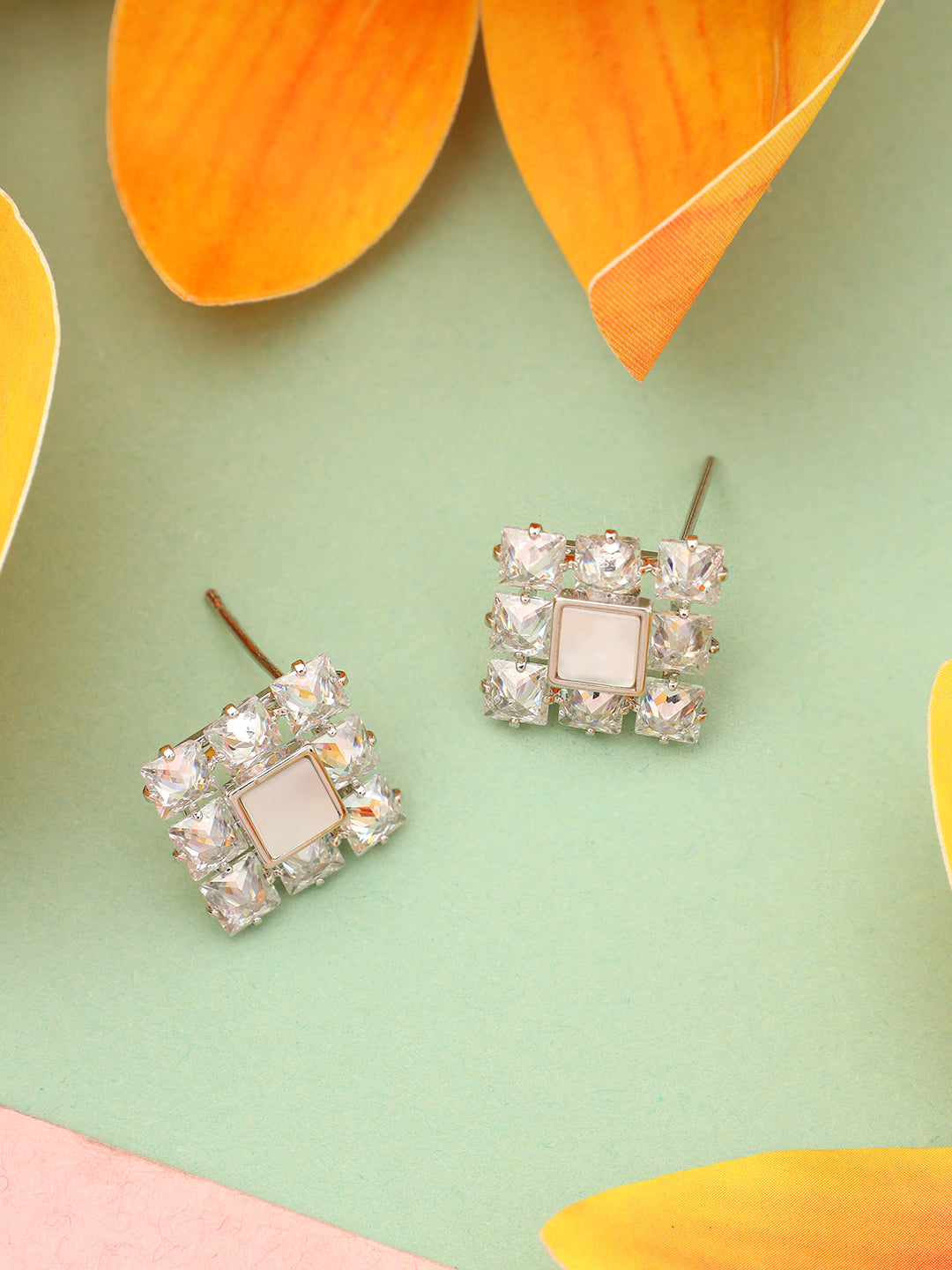 Square White Stone Platinum Plated Earrings