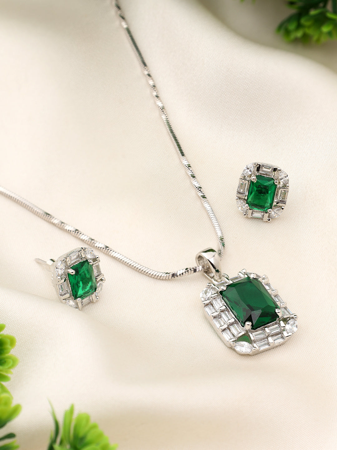 Green Stone Platinum Plated Necklace