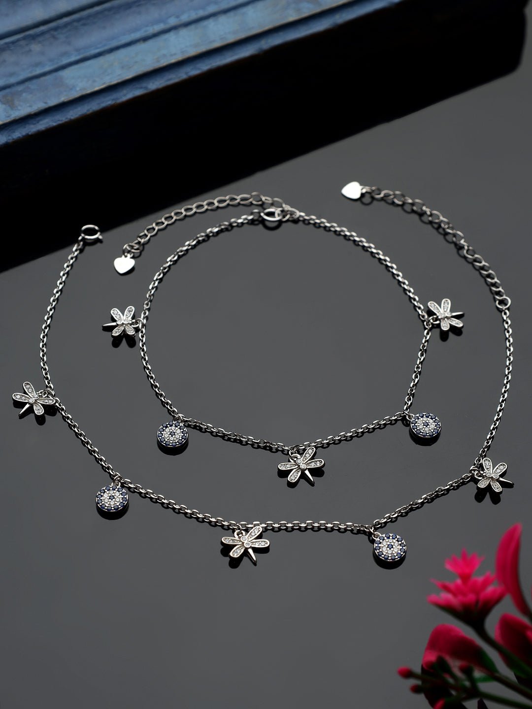 Sterling Silver Blue Stone Floral Charms Anklet 1 Piece