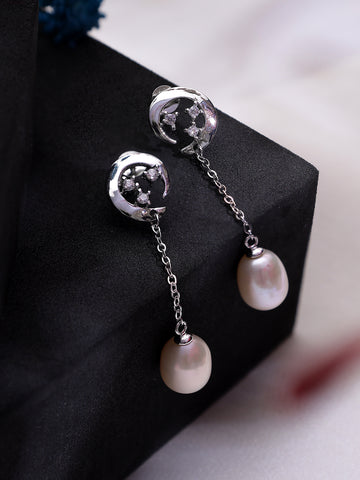 Hanging Moon Pearl Sterling Silver Earrings