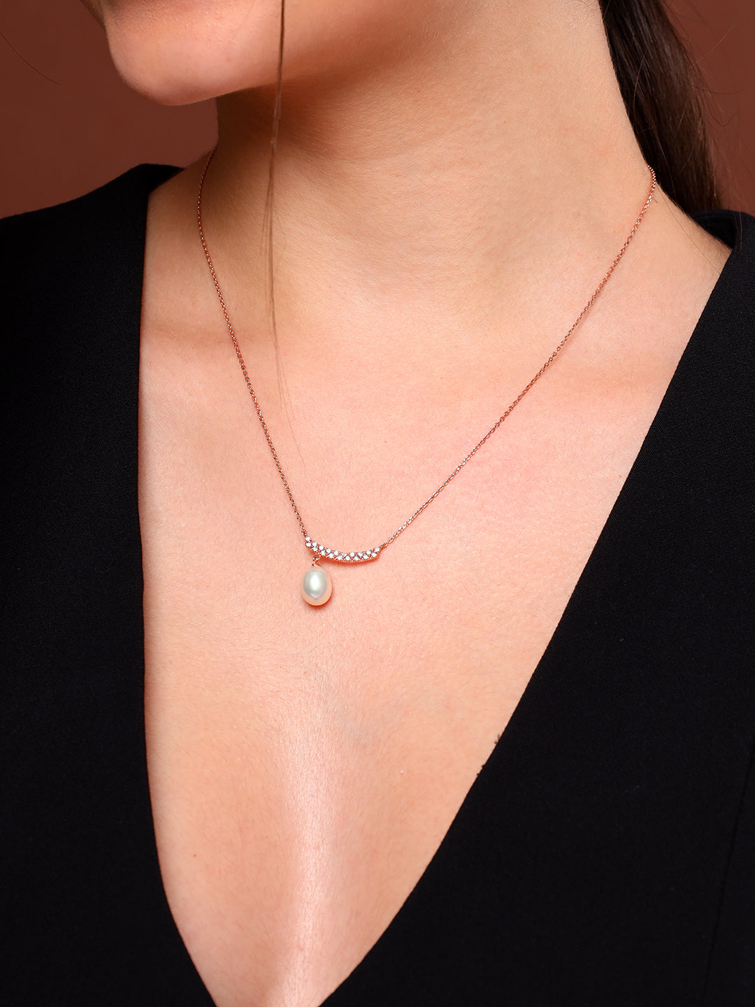 White Pearl Hanging Rose Gold Sterling Silver Necklace