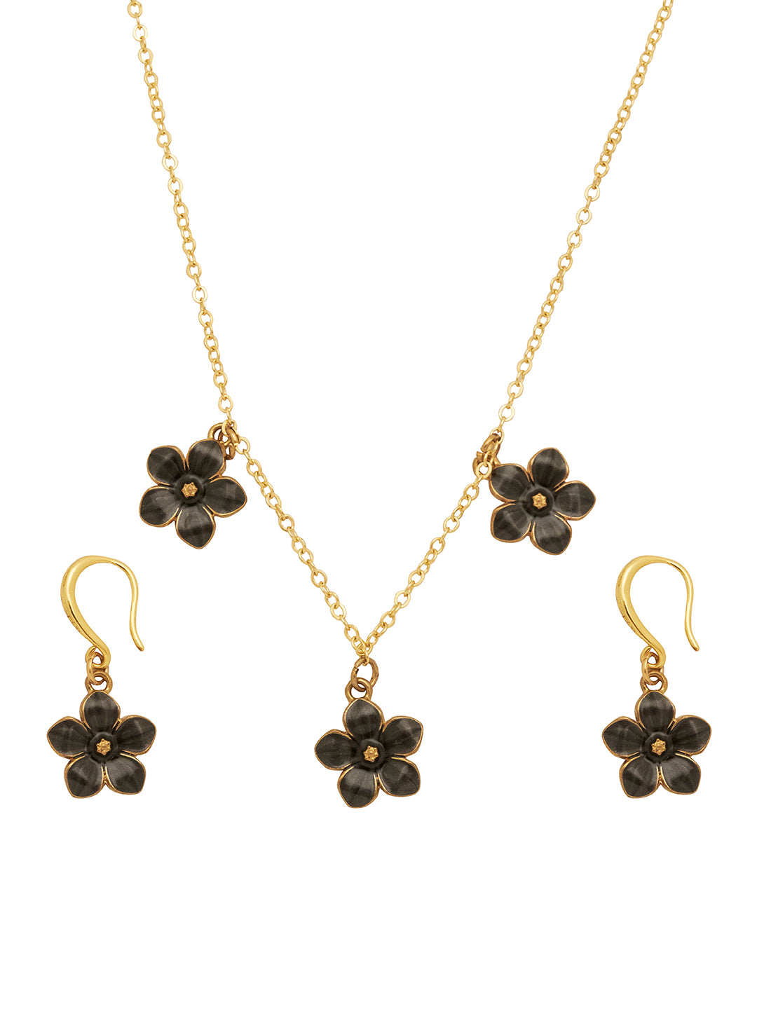 Gold Plated Anti-Tarnish Stainless Steel Black floral necklace set