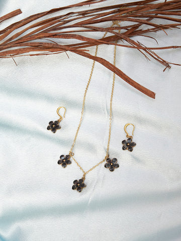 Gold Plated Anti-Tarnish Stainless Steel Black floral necklace set
