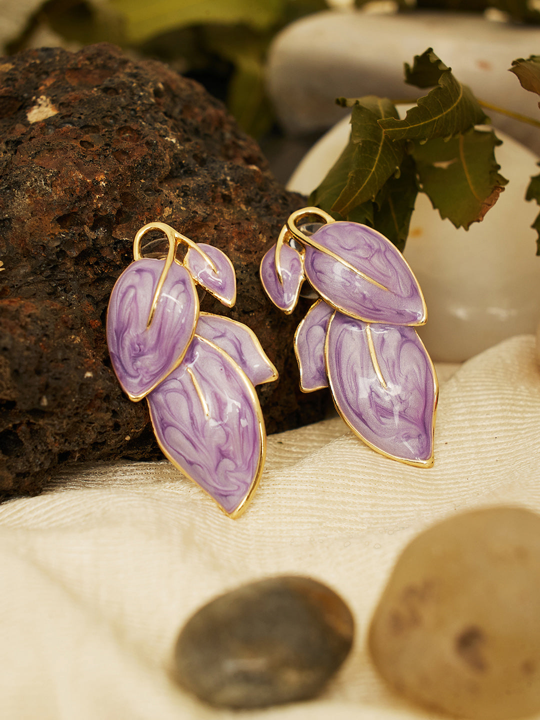 Gold Plated Purple Leaf Earrings