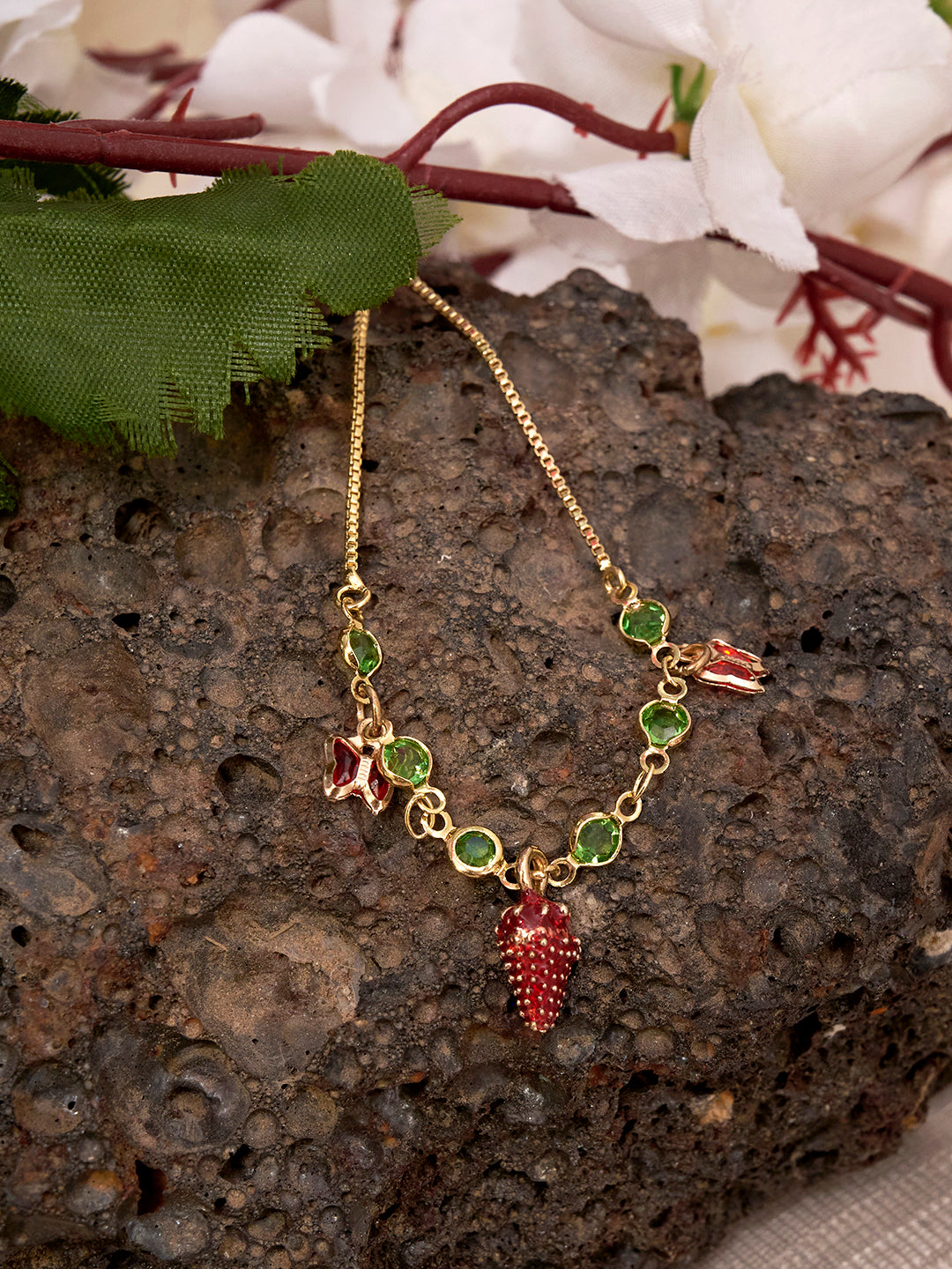 Gold-Plated Stainless-Steel Zirconia Strawberry charm Link Bracelet