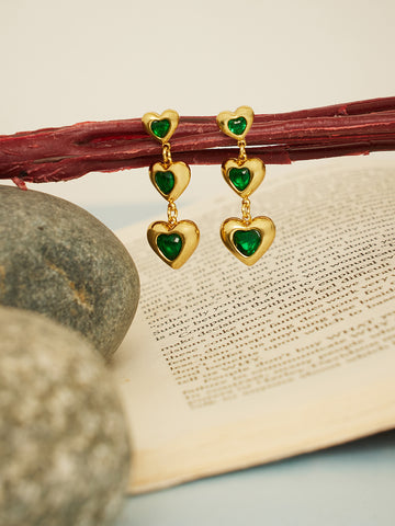 Green Gold Plated Heart Dangler Earrings