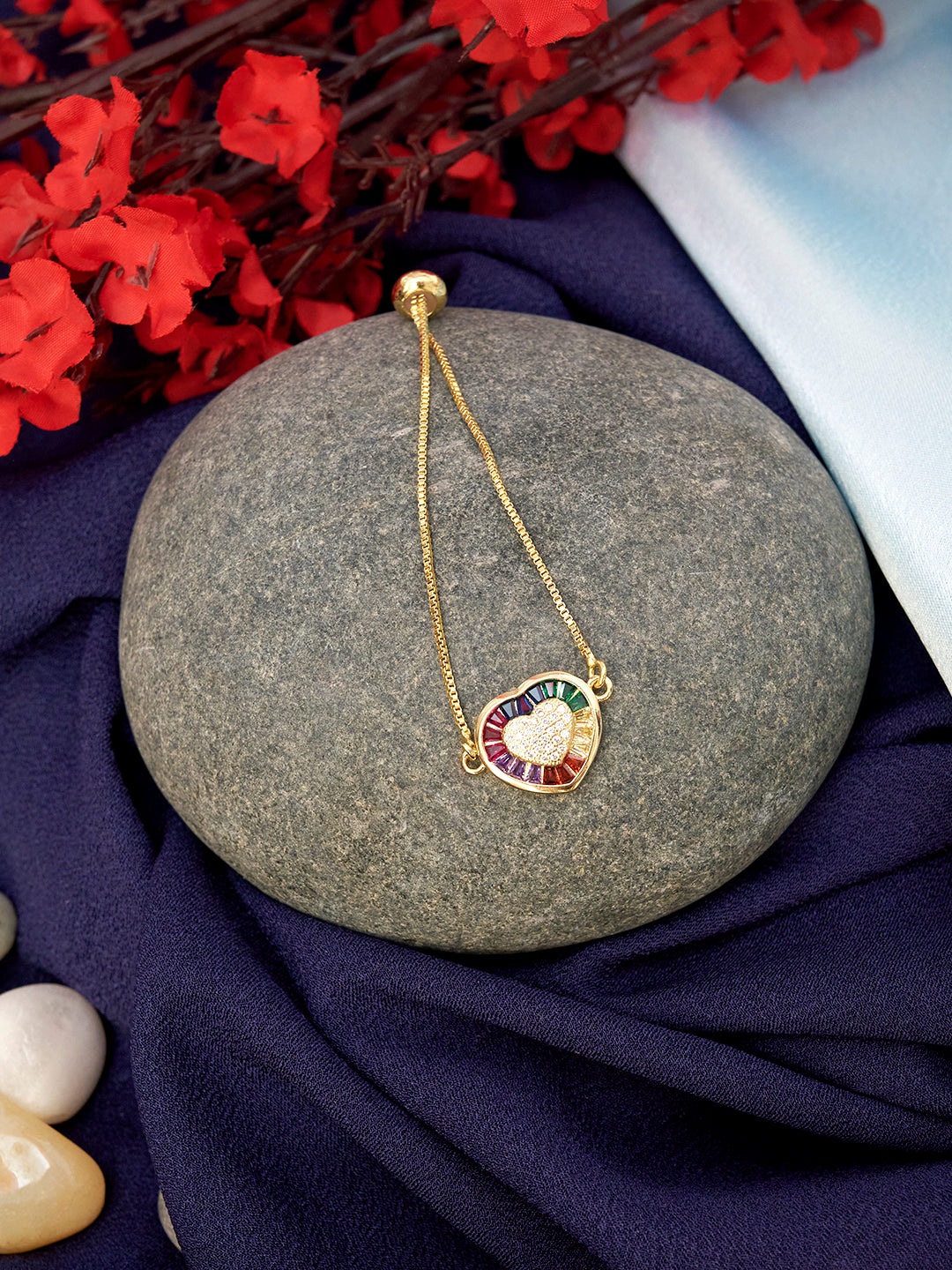 Gold Plated Anti-Tarnish CZ Zirconia Rainbow Heart Link Bracelet