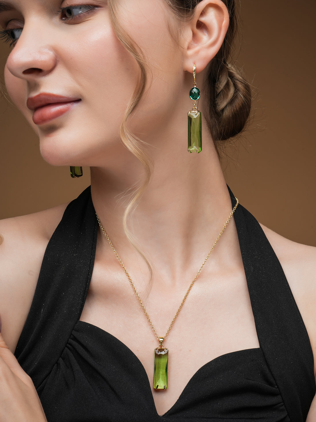 Gold Plated Anti-Tarnish Stainless Steel Cubic Zirconia Green Necklace