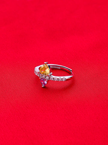 925 Pure Silver Rhodium Plate Citrine Stone Adjustable Finger Ring